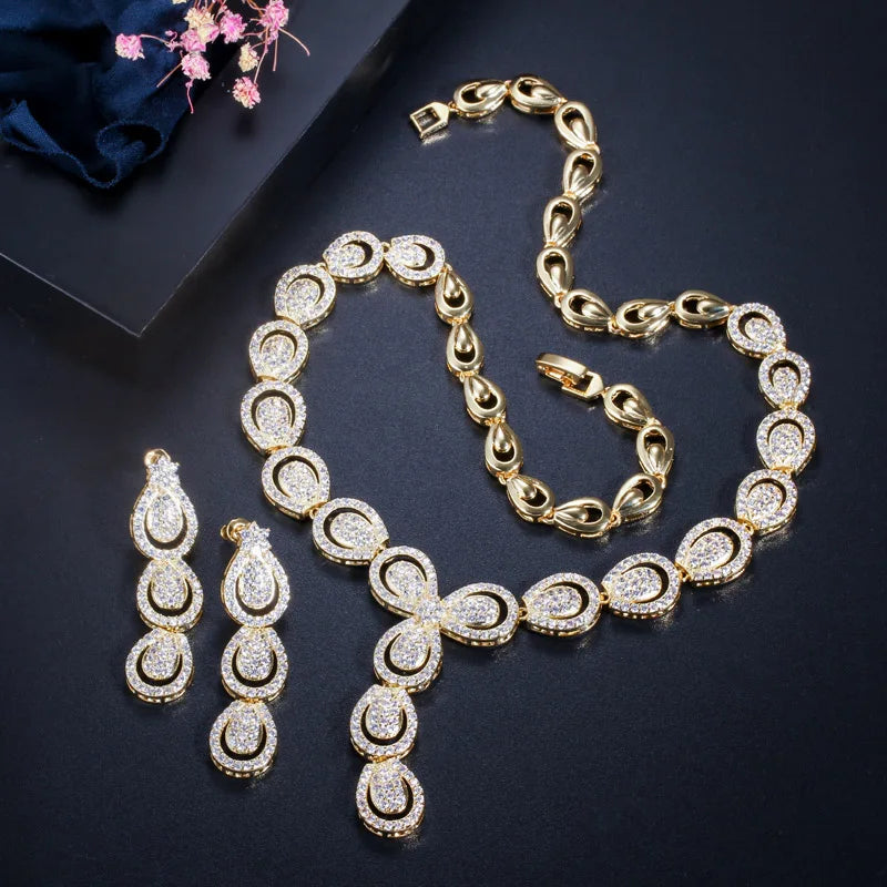 Elegant 14k Gold Plated Brazilian Gold Color Brass and Cubic Zirconia Anniversary Party Jewelry Set for Lady