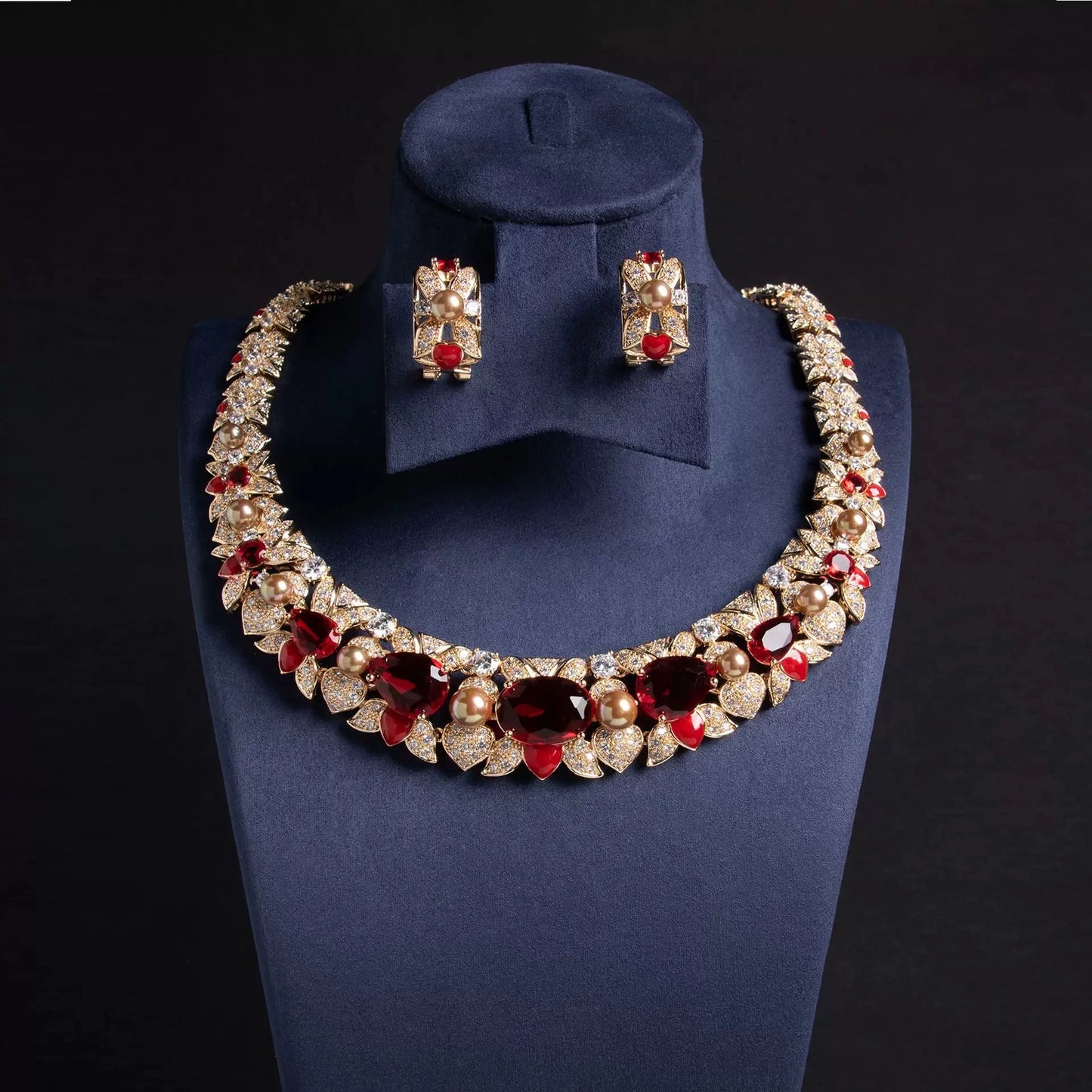 XM S301 Oval Cut Zircon & Pearl Statement Necklace & Earrings Set
