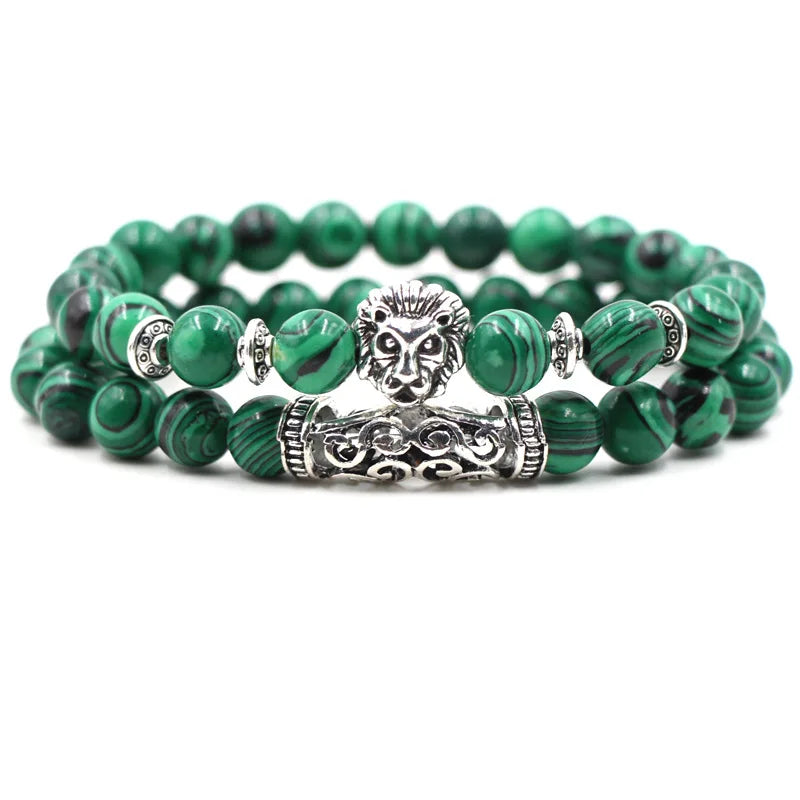 Classic Natural Silver Lion Owl Buddha Head Charm Bracelet Set for Unisex Anniversary 8mm Diamond-Embossed Bangle Chain Bead