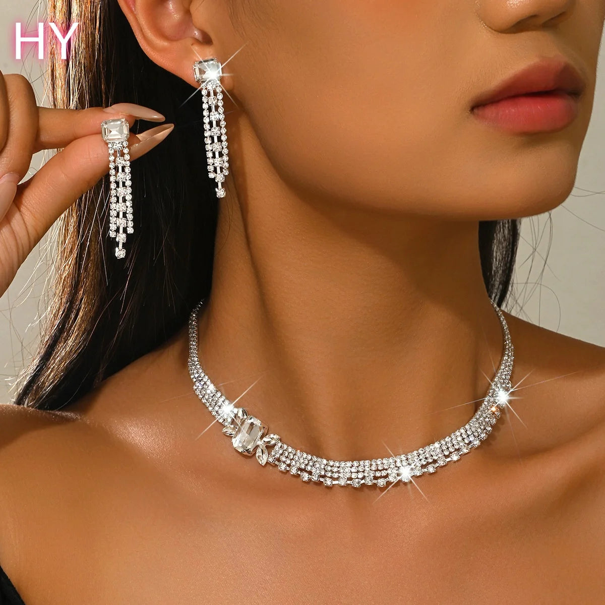 HY  Crystal Bridal Wedding Jewelry Gold Pleated Rhinestone Necklace Earrings Bracelet Ring Sets Formal Costume