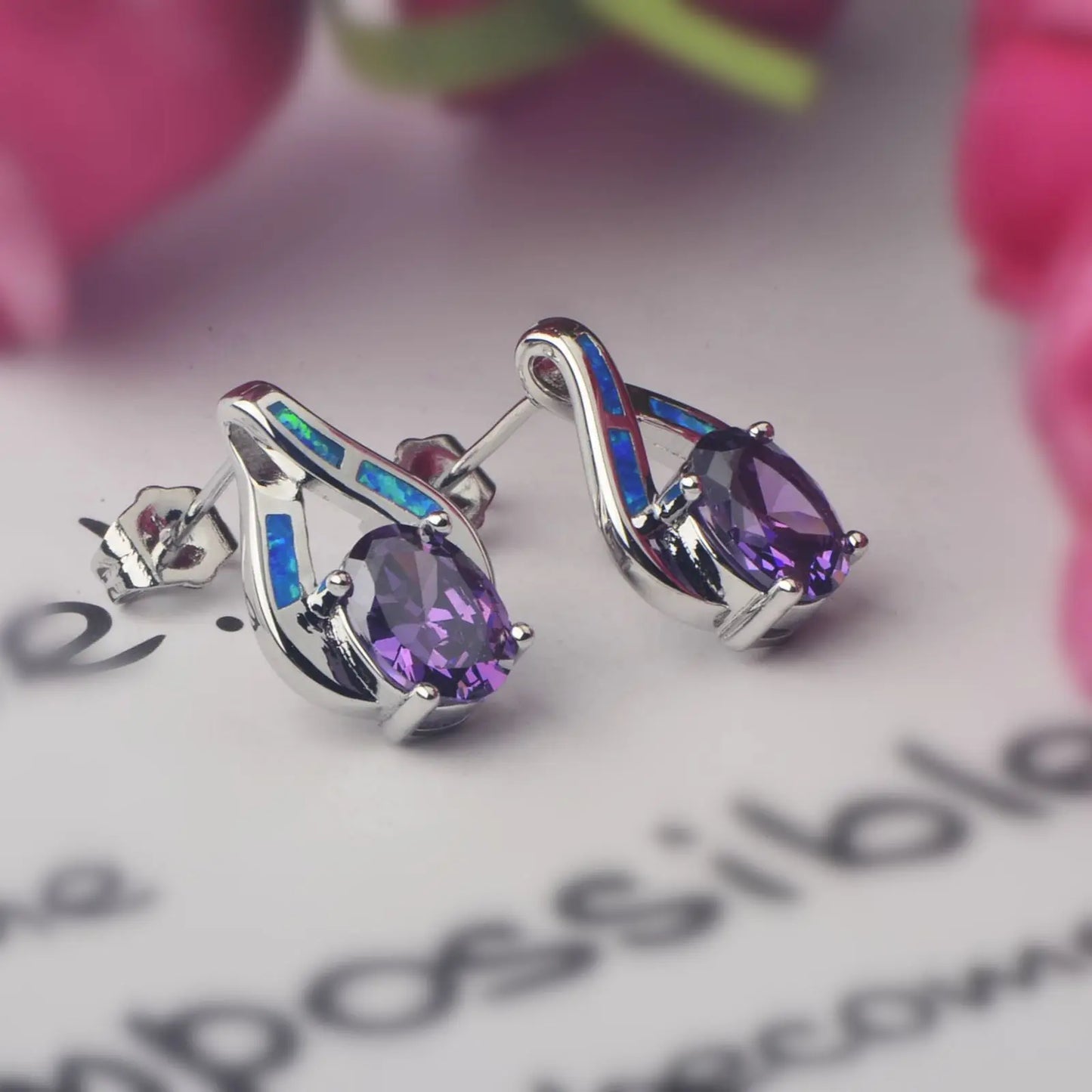 Aobao TikTok Viral Blue Opal Water Drop Earrings | Purple Crystal Accent Silver Plated Women's Engagement Jewelry-Trendy Bulk