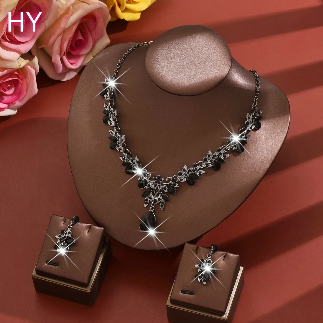 HY Women's Fashion Gold-Plated Bridal Jewelry Sets Rhinestone Crystal Wedding Necklaces Earrings for Parties Engagements Wedding