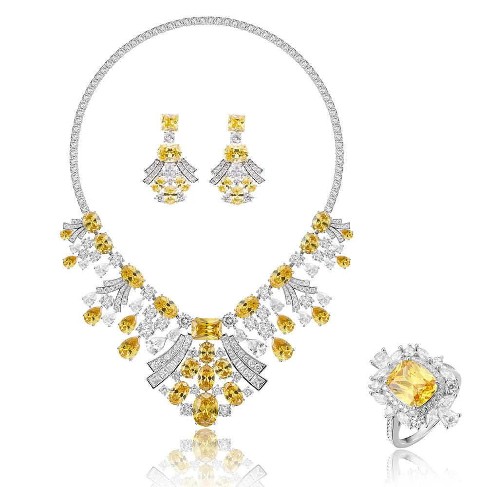 Brass Material High-end Customized Yellow Powder Zircon Dress Jewelry Women's Banquet Jewelry Collar Necklace Earrings Ring Set