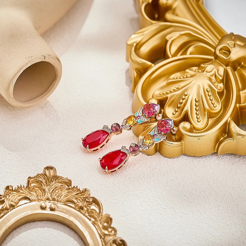 Baroque Luxury Red Zirconia Pear Shaped Necklace Earrings 2-piece Set Spring Buckle Brass Enamel Craft Women's Gift
