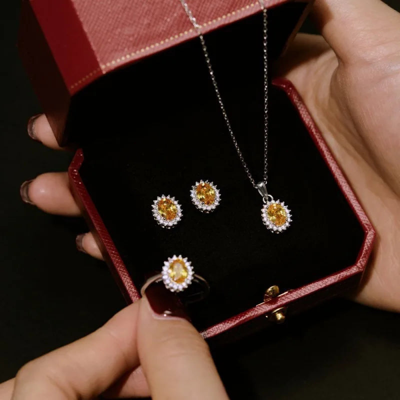 Gioiellieri S925 Sterling Silver Sunflower Round Cut Zircon Necklace Earrings Jewelry Set | Classic Sunflower 2-Piece Set for Women