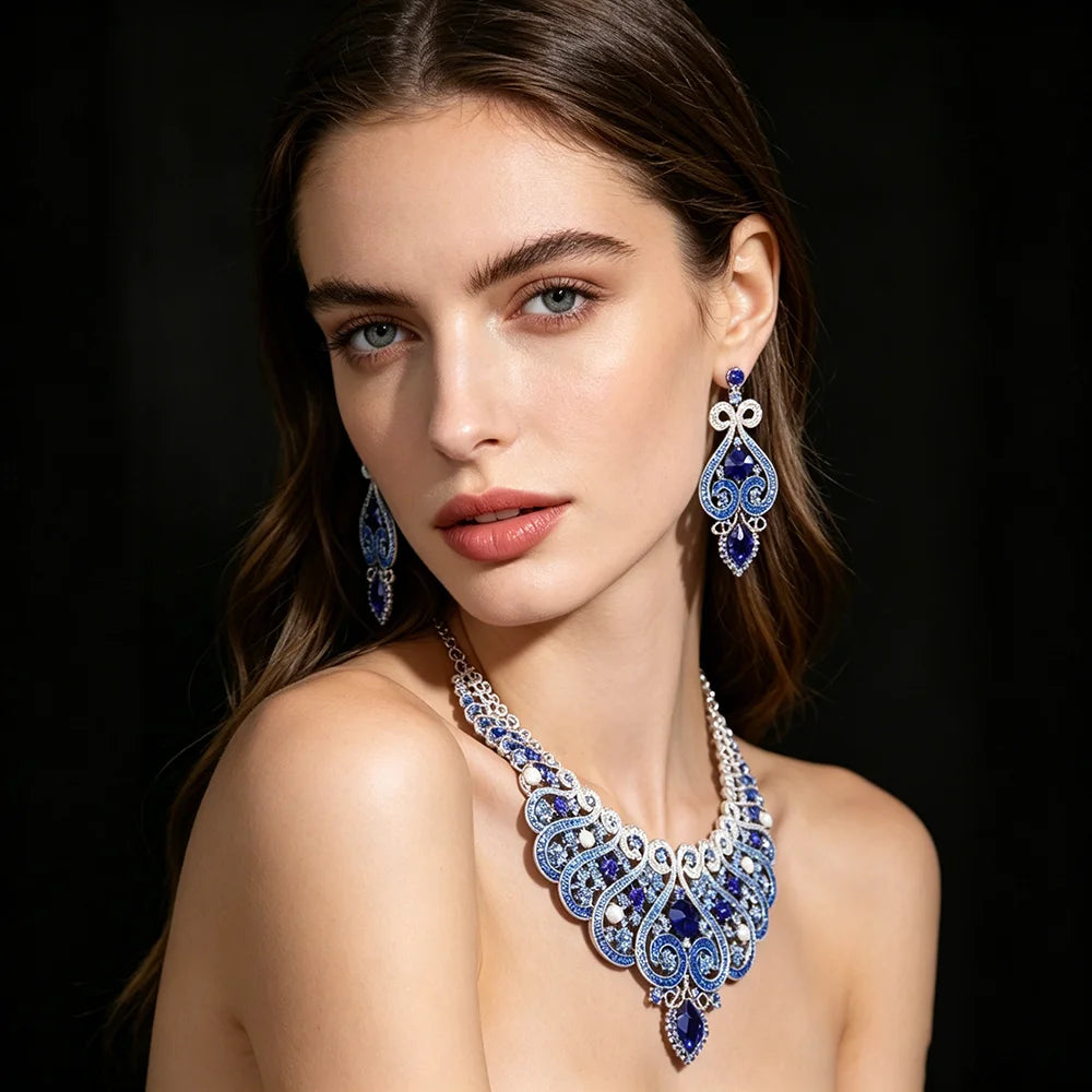 Luxury Princess-Cut Zirconia & Pearl Floral Statement Necklace & Drop Earrings Bridal Set — Gold Plated