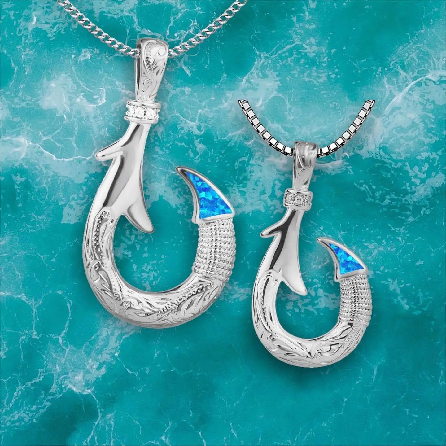 Hawaiian Ocean Opal Copper Necklace for Women-Trendy Dainty Blue Fishhook Pendant Sweater Chain