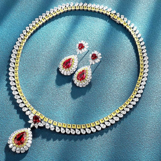 Gemfiori Vintage Jewelry Sets for Women Rings Necklace Earrings Lab Grown Ruby Luxury Bridal Jewelry Set Engagement Wedding Gift Party