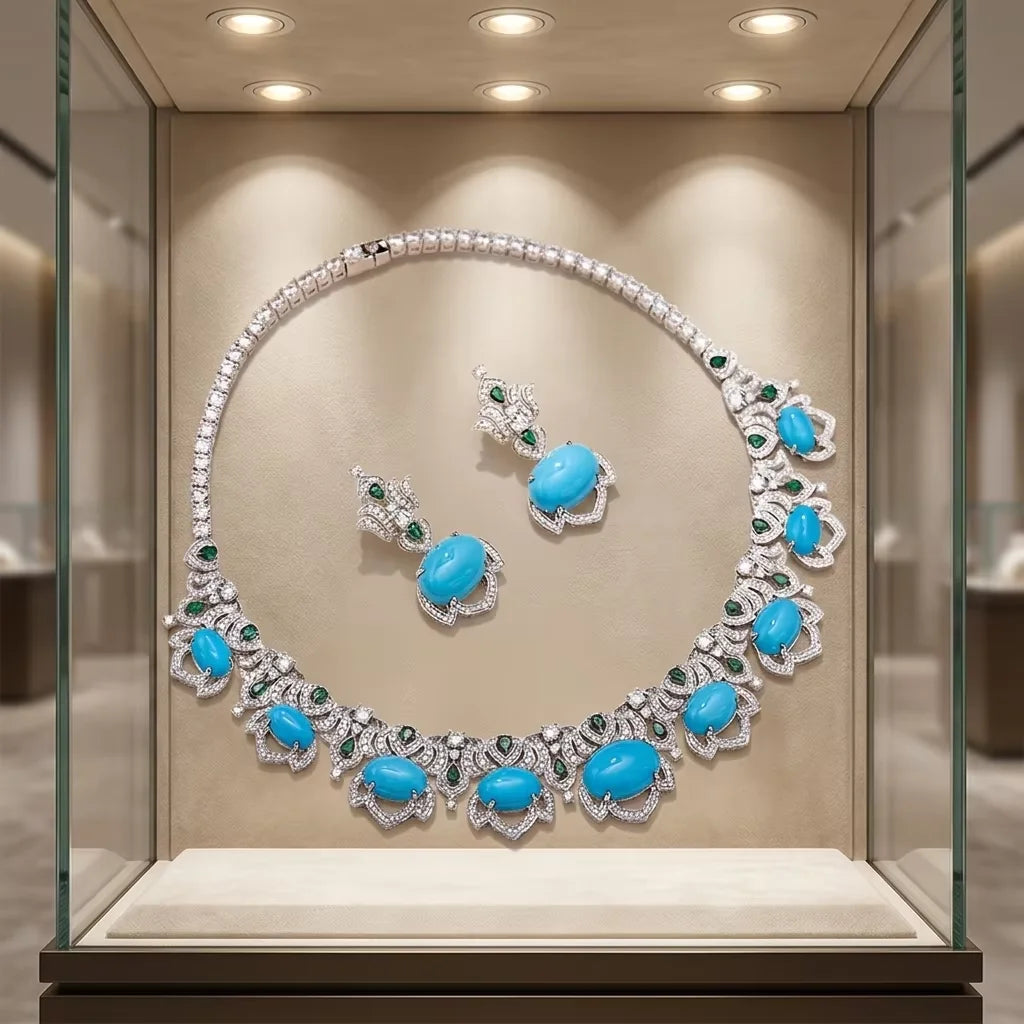 Turquoise Blue Retro Hollow Iris Flower Shaped Sexy Women's Brass Zirconia Necklace Earrings 2-piece Set Dubai Wedding Jewelry
