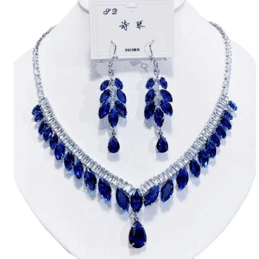 K073 High End Women Trendy Luxury Blue Water Drop Zircon Bridal Necklace Earrings Set Wedding Elegant Jewelry Set