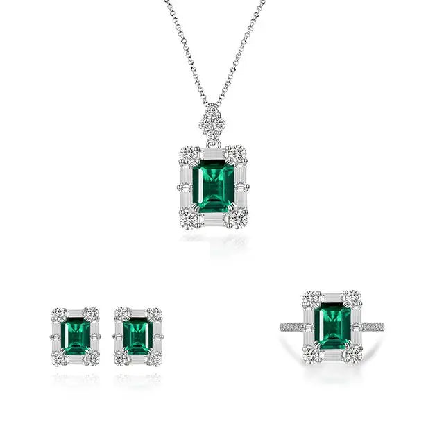 ArtistA S925 Sterling Silver Jewelry High Quality Rectangular Lab Grown Emerald Green Gemstone Rings Earring Necklace Jewelry Set