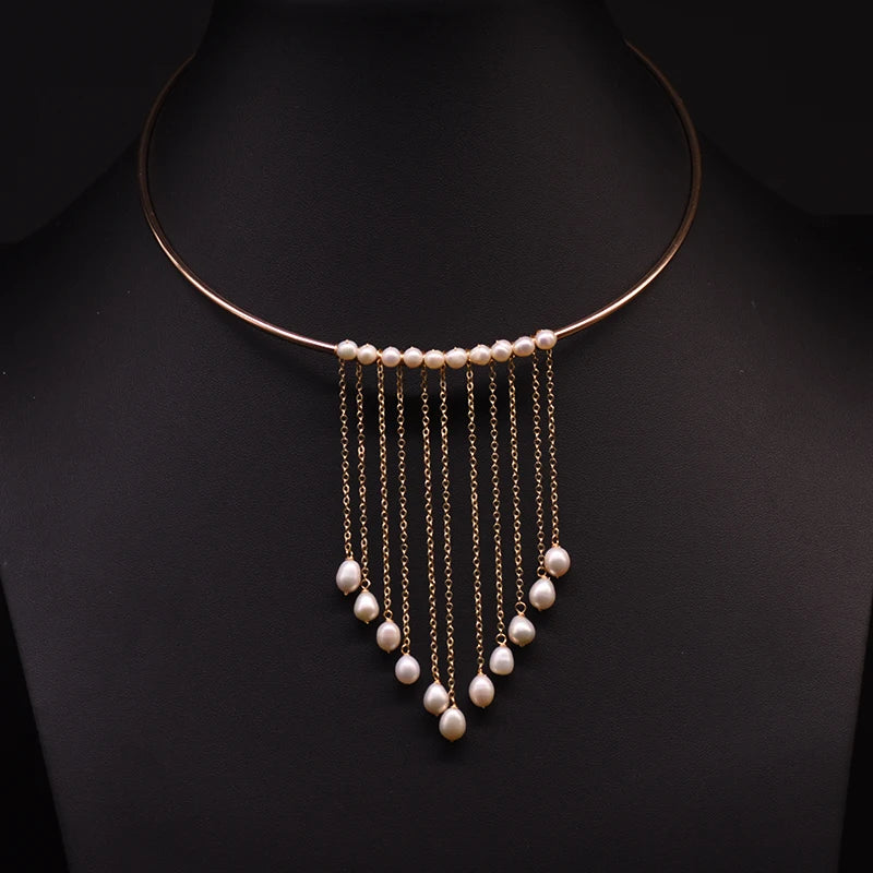 Natural Fresh Water Pearl  Necklace for Women Engagement Gothic Handmade Long Layered Necklace
