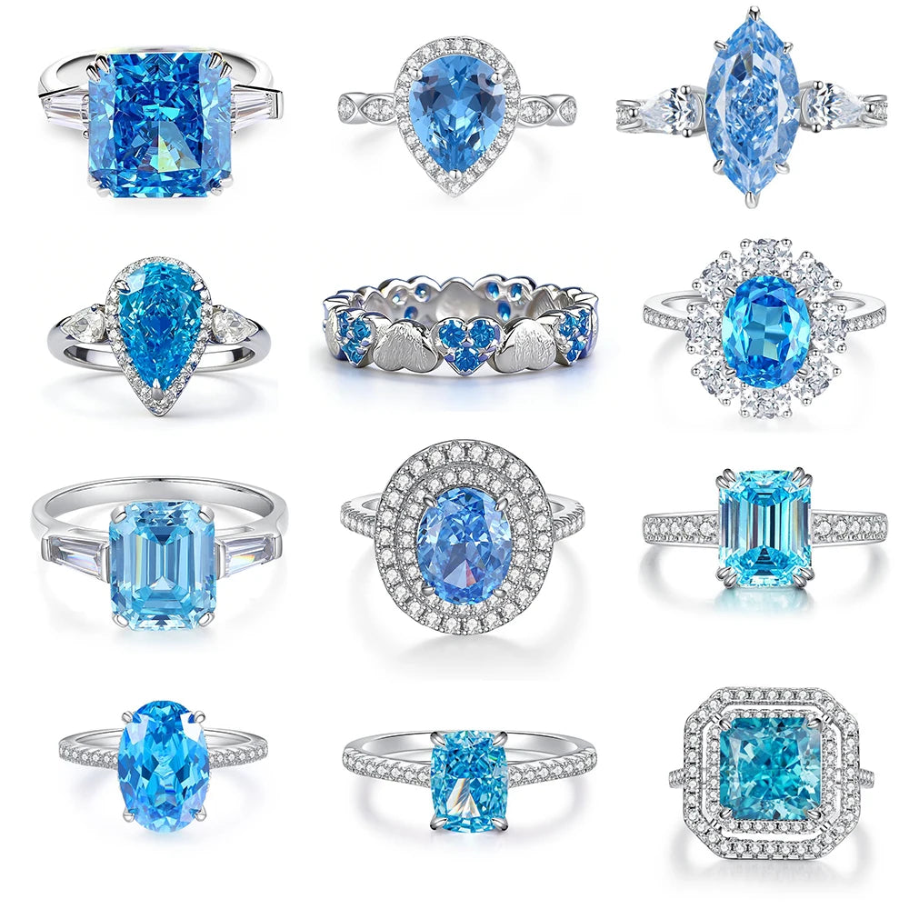Waterproof Women 925 Sterling Silver Aquamarine 5A 8A Cubic Zirconia Ring Wedding Anniversary Rings Custom Jewelry Supplies