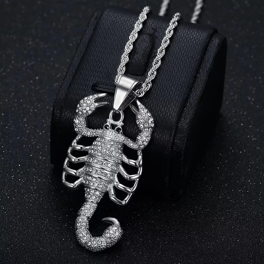 Hip Hop Punk Iced Out CZ Bling Scorpion Animal Party Stainless Steel Fashion Jewelry Pendant Necklaces for Men Wholesale