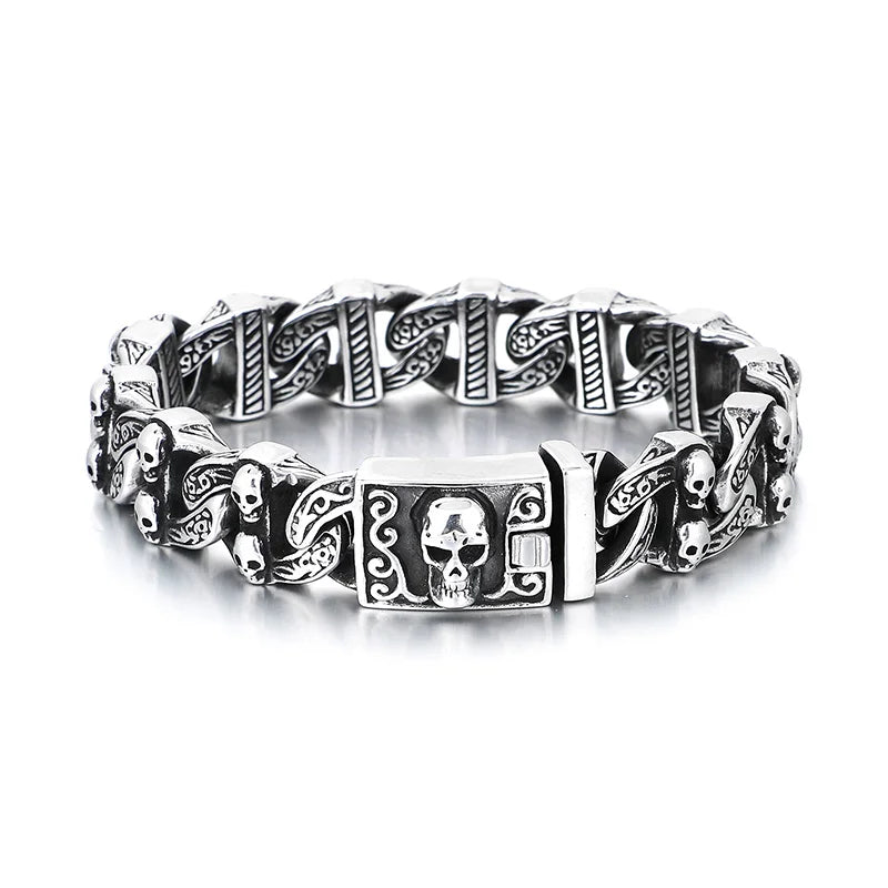 KALEN 220mm Men Punk Stainless Steel Skull Pattern Clasp&Links Bracelet