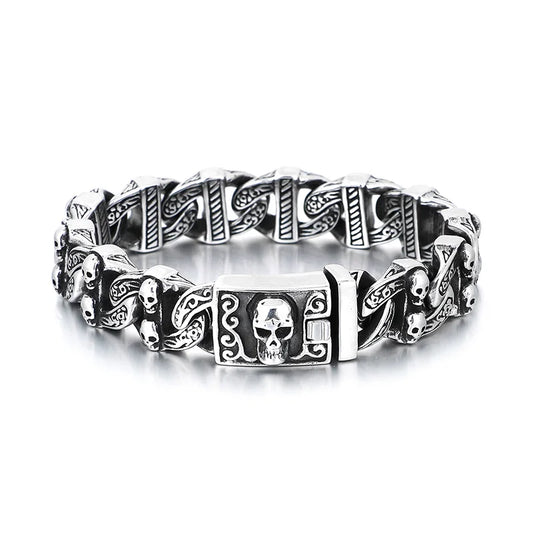 KALEN 220mm Men Punk Stainless Steel Skull Pattern Clasp&Links Bracelet