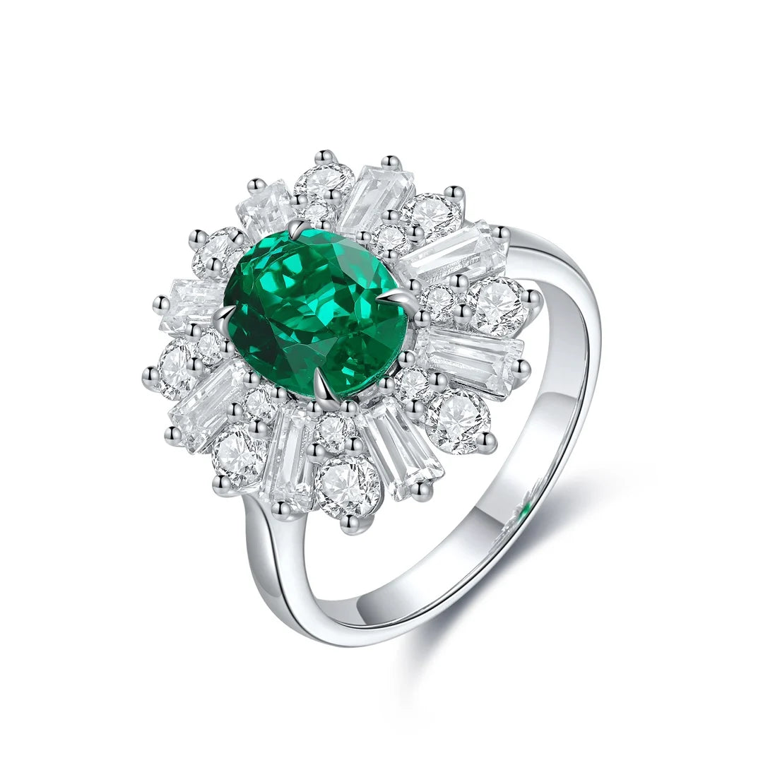 Gemfiori S925 Silver Cultivated Emerald Ring Main Stone :1.72CT Side Stones :3.698CT Total Weight:5g