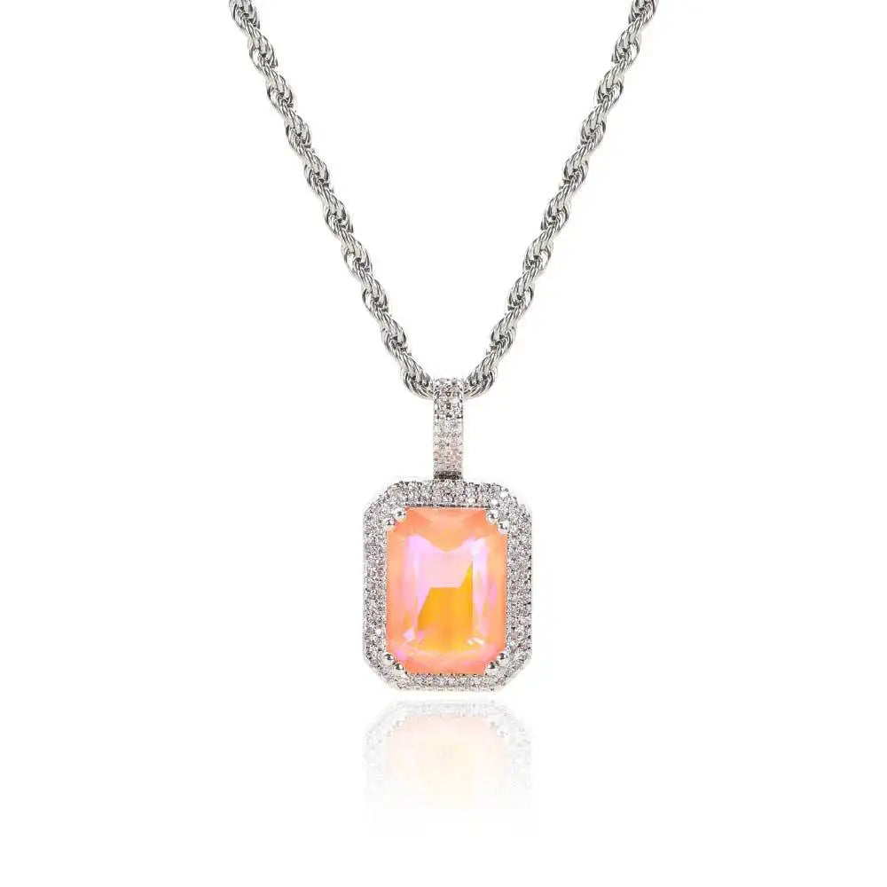 Luxury Bling Cubic Zirconia Jewelry Square Large Gemstone Pendant Necklace  for Men and Women Hip-Hop Sweater Chain Necklace