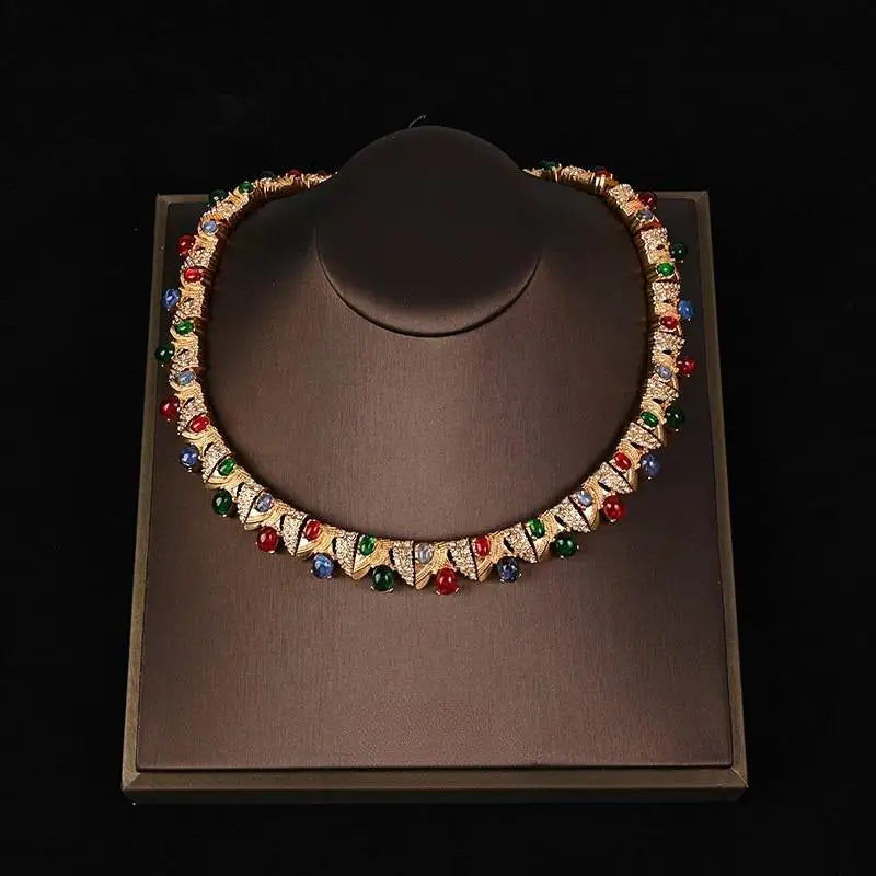 Medieval Retro Copper Inlaid Rhinestone Necklace Earrings Bracelet Fashion Light Luxury Elegant Jewelry Set