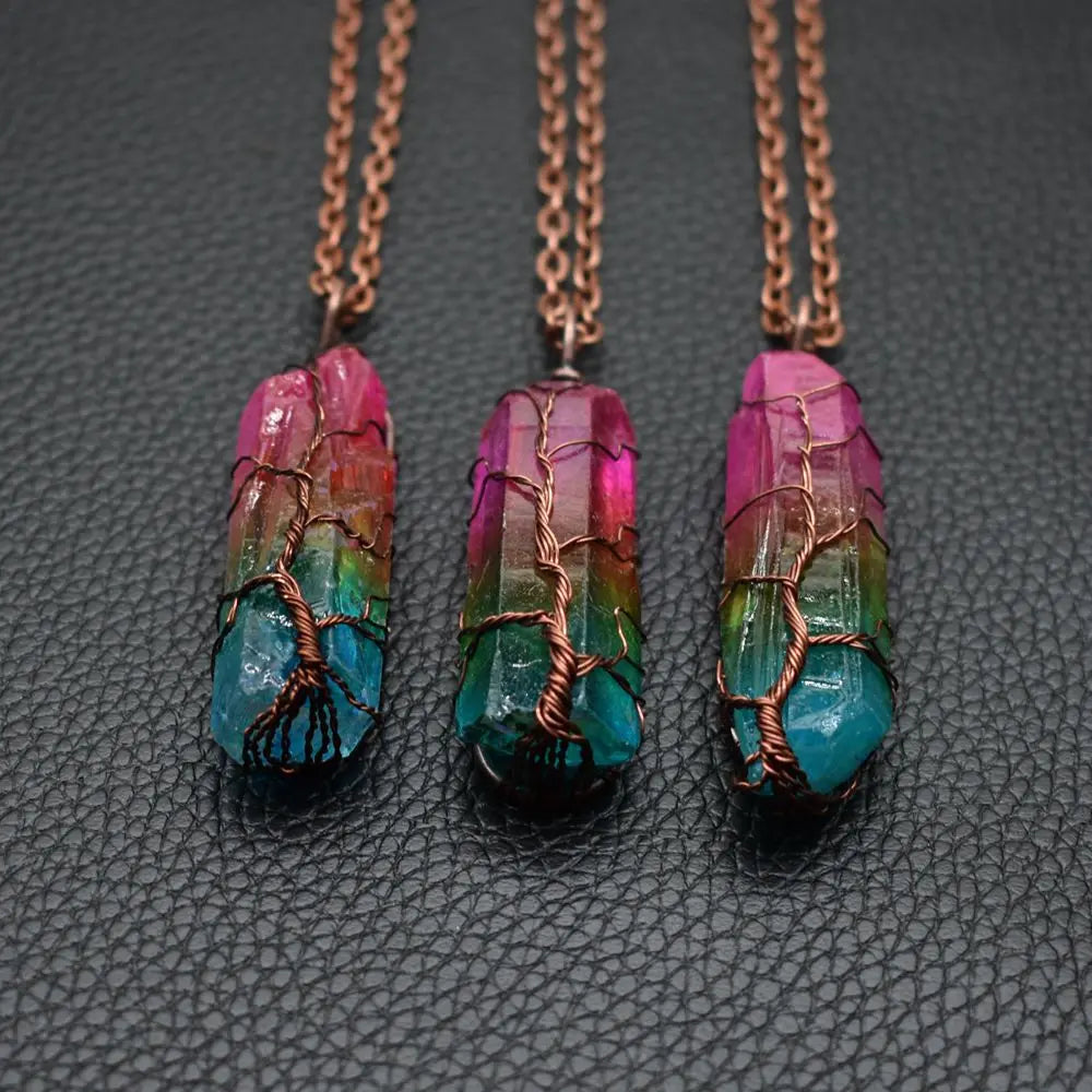 Wholesale Gold Plated Vintage Fashion Crystal Rhinestone Hexagonal Pointed Healing Stone Tree of Life Charms