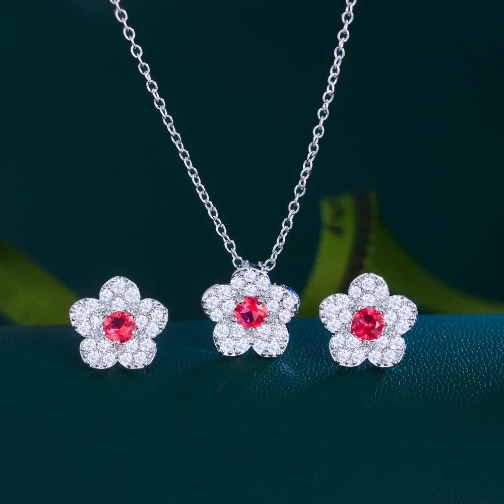 S&S Flower CZ Necklace & Earrings Set – Red, Blue, White & Green – Collection