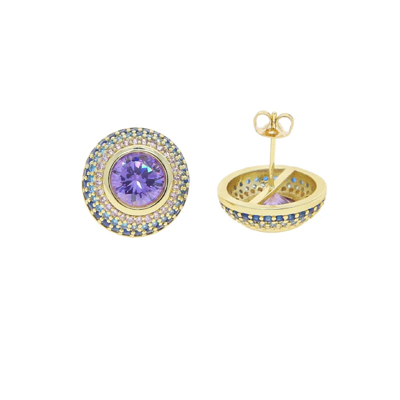Colorful Gradient Round CZ Stud Earring 5A Cubic Zirconia Bling Women Fashion Pink Blue Purple Crystal Jewelry