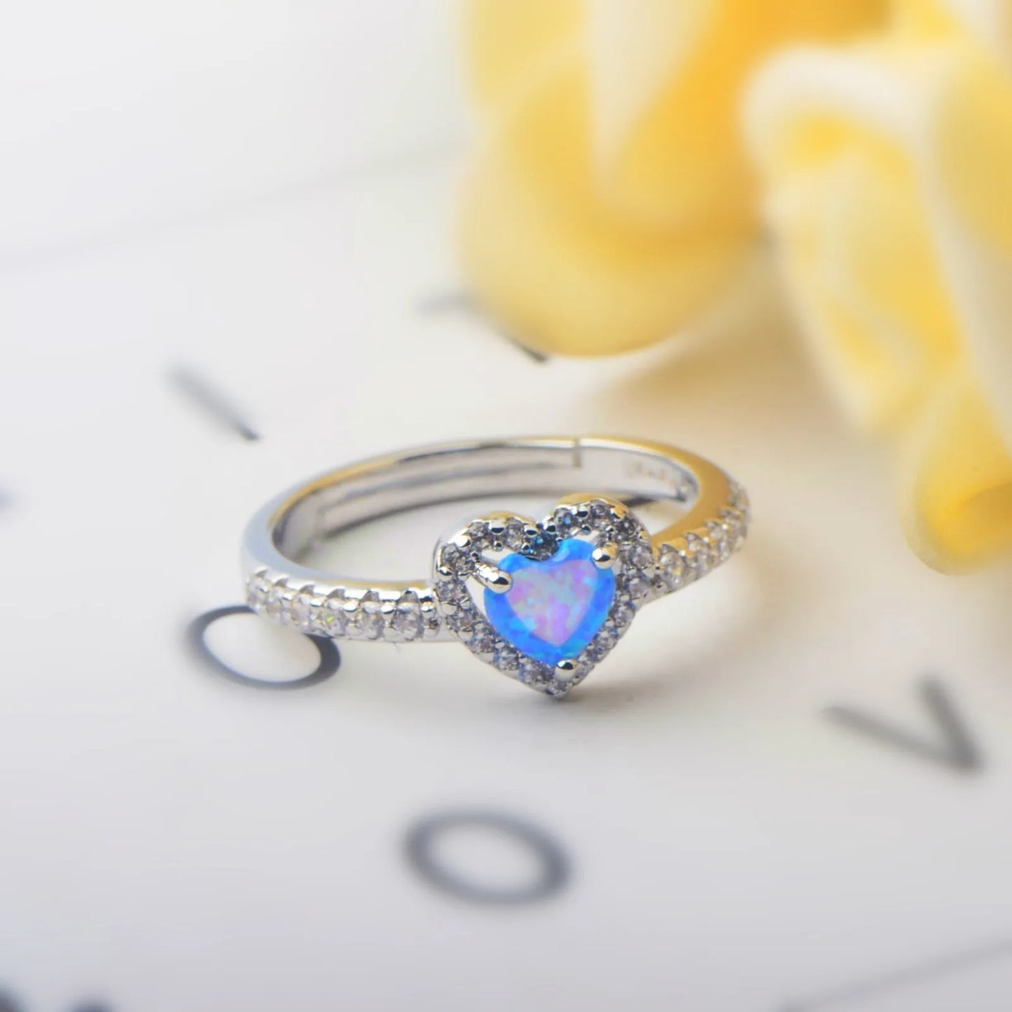 Romantic Heart Opal Promise Ring - Blue Fire Opal Center & CZ Halo Design | Dainty Daily Jewelry Bulk Gifts