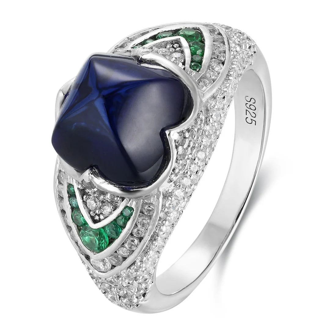 Gemfiori Elegant Men's Sterling Silver 925 Ring Men Rings Lab Grown Sapphire Emerald Diamond Inlay Christmas & Father's Day Gift for Him