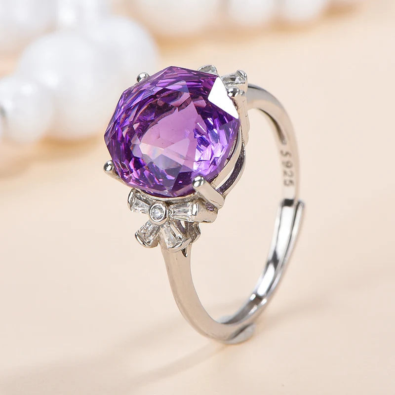Natural  Amethyst 925 Sterling Silver Engagement Ring Rose Cut Gemstone for Weddings and Partie