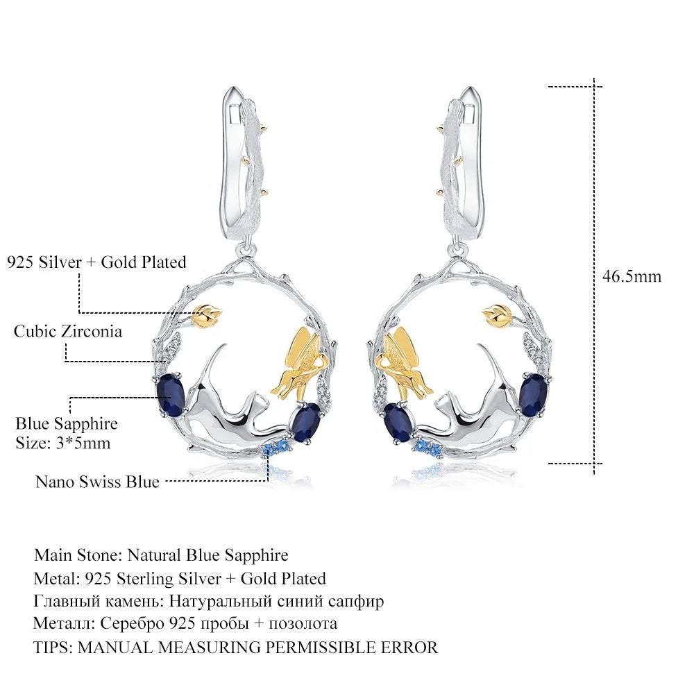 ArtistA Abiding OEM Jewelry Set 925 Sterling Silver Ring Earring Necklace Gemstone Sapphire Cat & Butterfly Women Jewelry Set