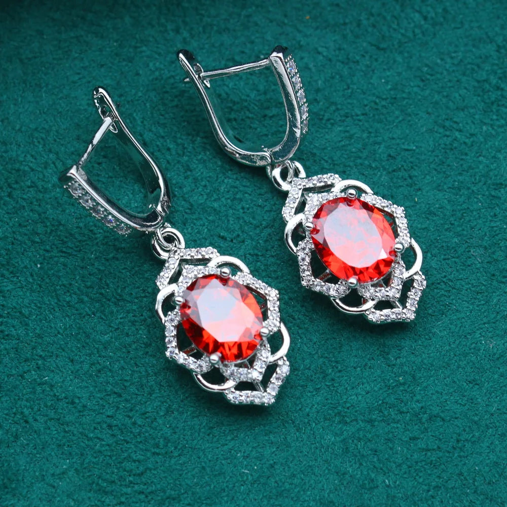 XOTICA 2022 New Red Cubic Zirconia Platinum Plated Classic Wedding Party Jewelry Sets for Women Bracelet Earrings Open Ring Pendant