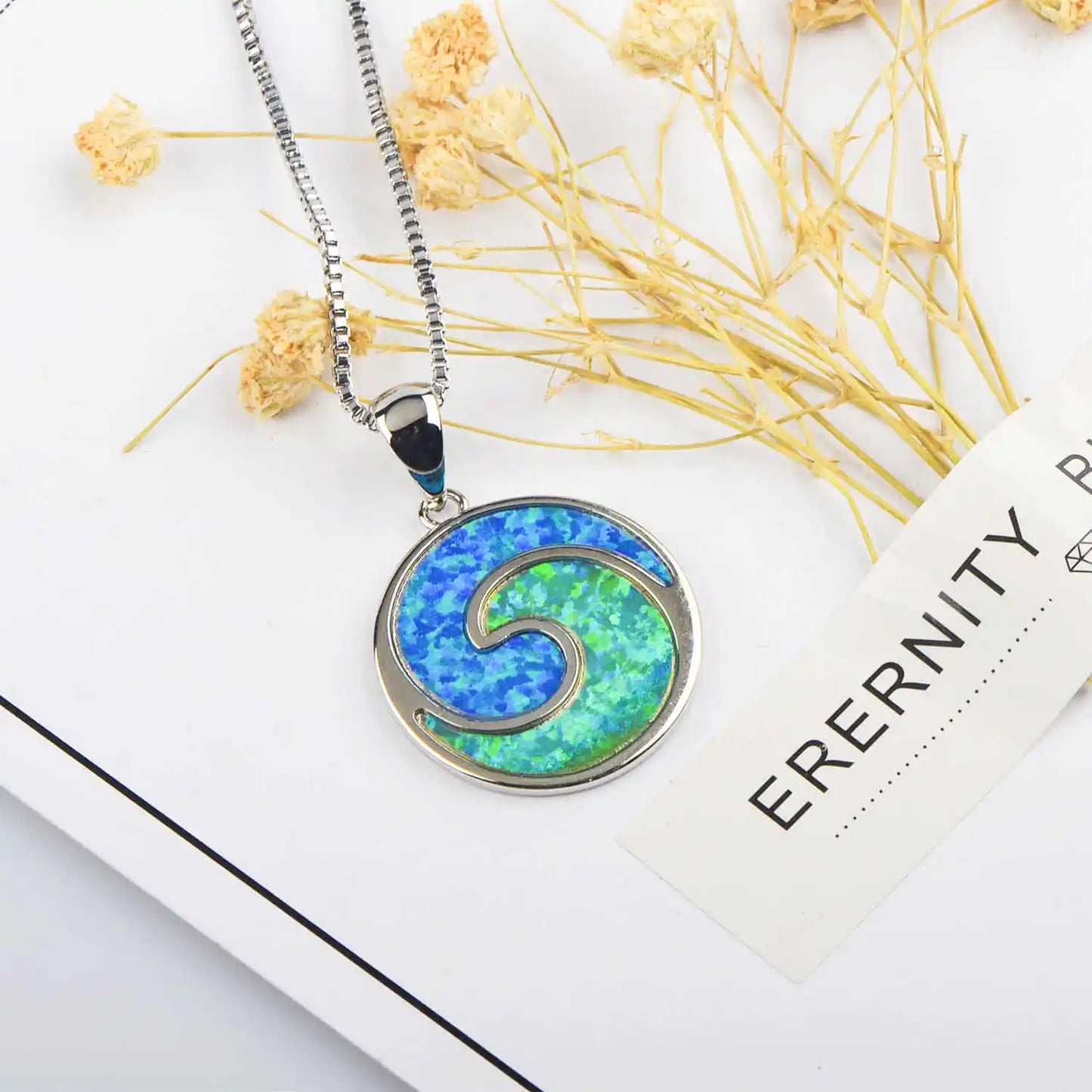 Aobao Christian Silver Plated Copper Link Chain Minimalist Surf Wave Pendant Opal Sweater Necklace Gift