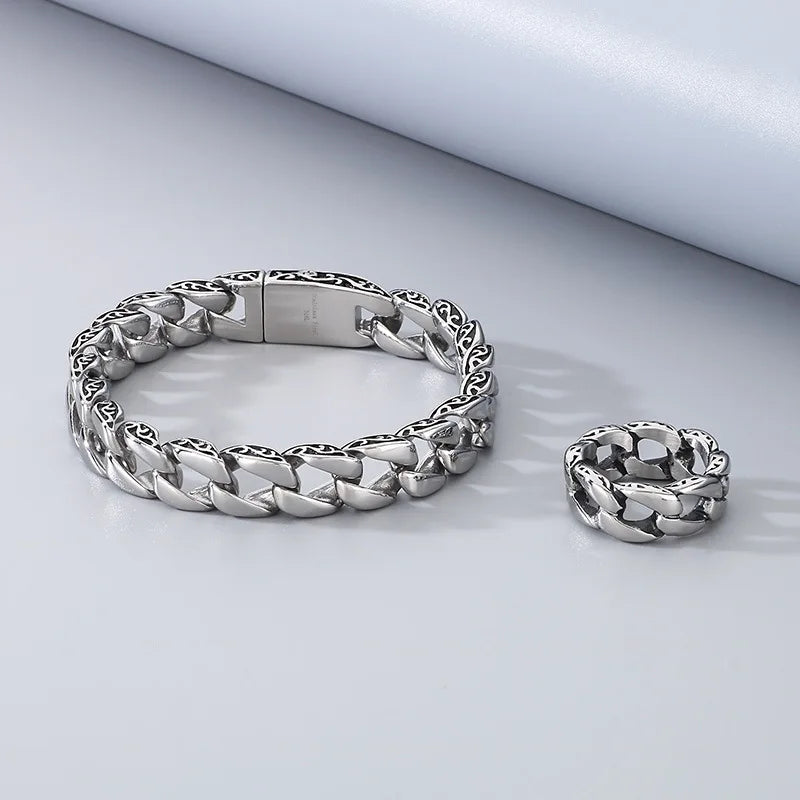 Stainless Steel Men's Ring and Cuban Chain Stainless Steel Bracelet Chain Set