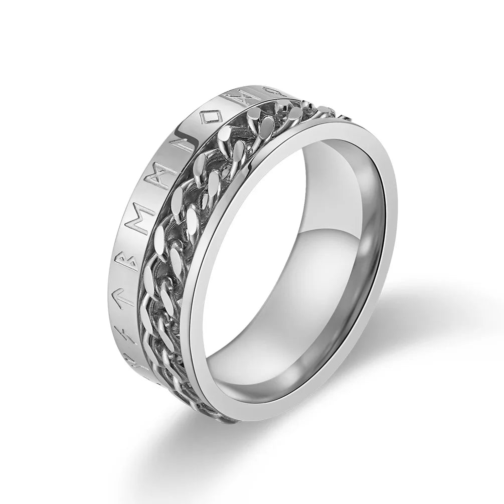 REBEL OAHLAN Fashion Jewelry 8mm Rotating Viking Script Chain Stainless Steel Rings for Men Wedding Engagement Party