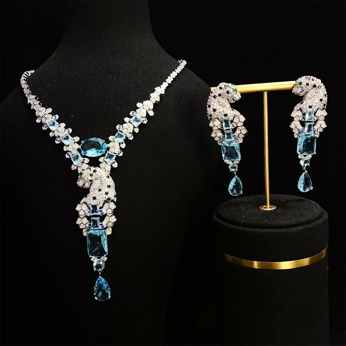 XM S36 Luxury Blue Zircon Brass Jewelry Set Silver Plated Necklace Drop Earrings Women Bridal Wedding Party Prom Jewelry