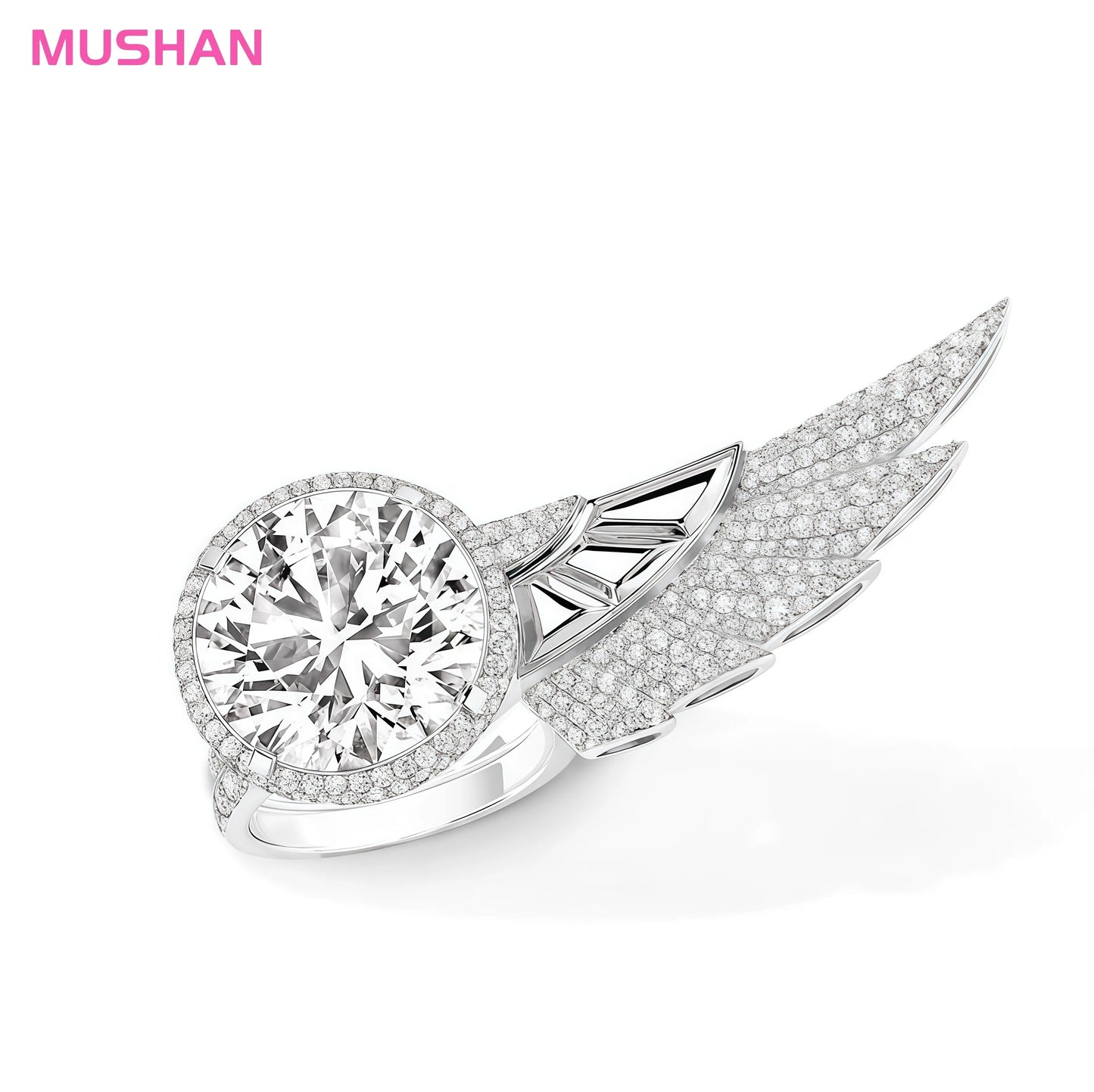 MUSHAN Luxury Rhodium Plated High Carbon Diamond Feather Wing Shape 925 Sterling Silver Party Rings for Women