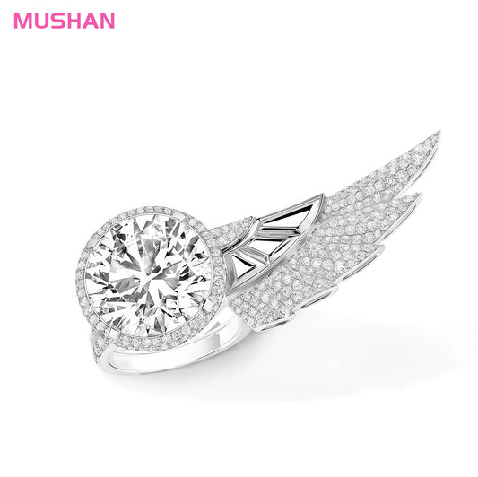 MUSHAN Luxury Rhodium Plated High Carbon Diamond Feather Wing Shape 925 Sterling Silver Party Rings for Women