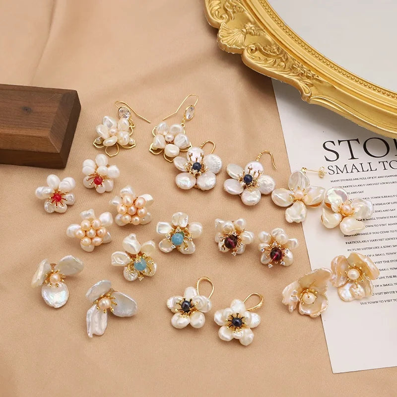 New Jewelry Yiwu Wholesale Natural Baroque Pearl Stud for Women Flower Earrings Korean Wholesale Bulk 18K Gold Plated Jewelry