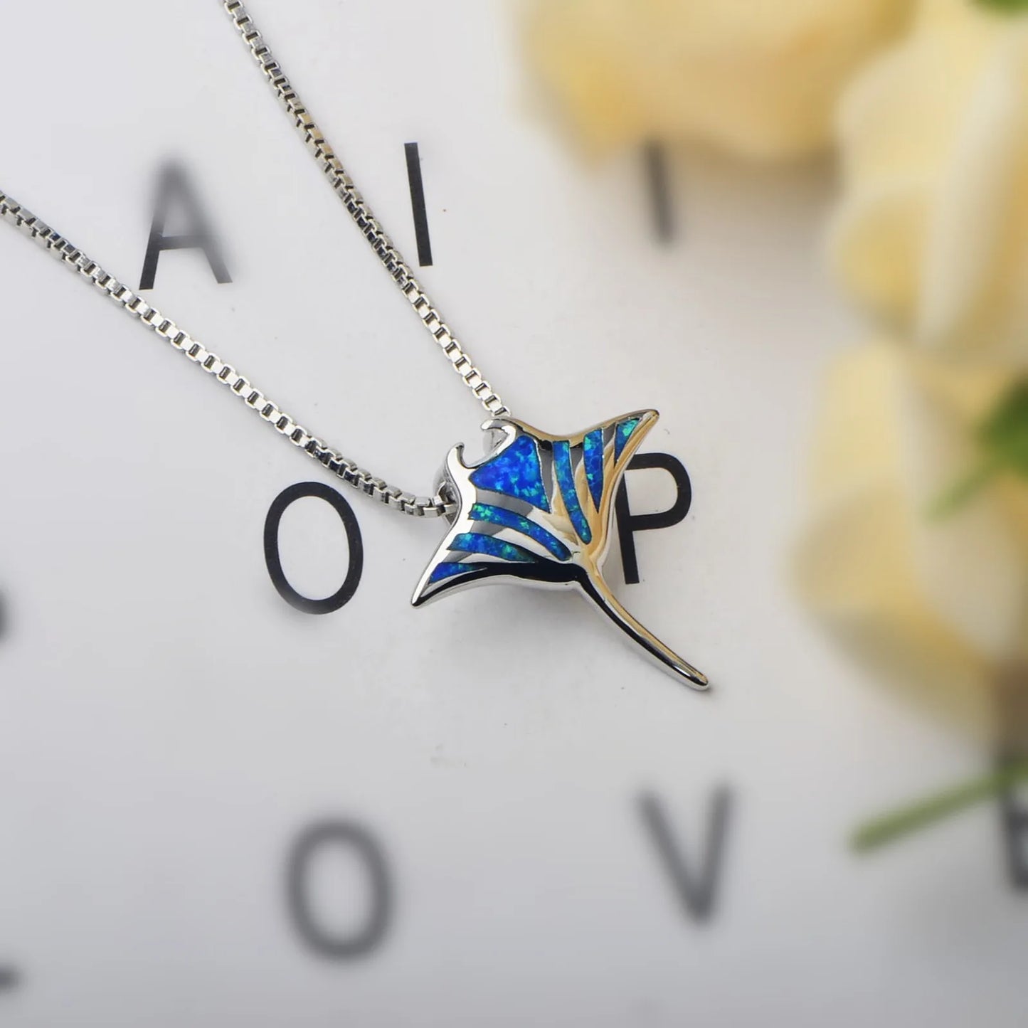 Trendy Marine Ray Opal Pendant Necklace-Blue Fire Opal Inlaid Copper Link Chain Stingray Design | Coastal Nature Bulk Gifts