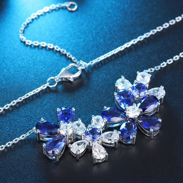 Gemfiori 925 Silver Jewelry Sterling Diamond Flowers Pendant Synthetic Sapphire Necklace for Her Birthday Gift Affordable Trendy