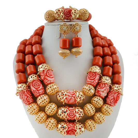 Zhuerrui Traditional Nigerian Red Bead Jewelry Set African Bridal Necklace Earrings for Wedding and Party YL111