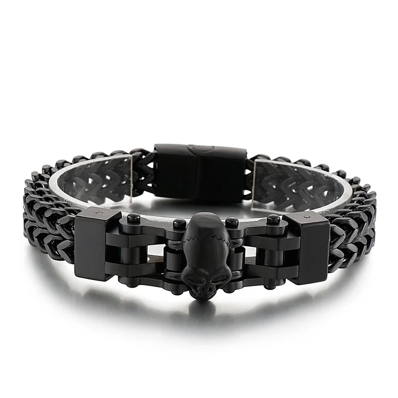 KALEN Punk Fine Jewelry Fashion Bracelets Men Stainless Steel Skull Berringbone Links Bracelet Bangle