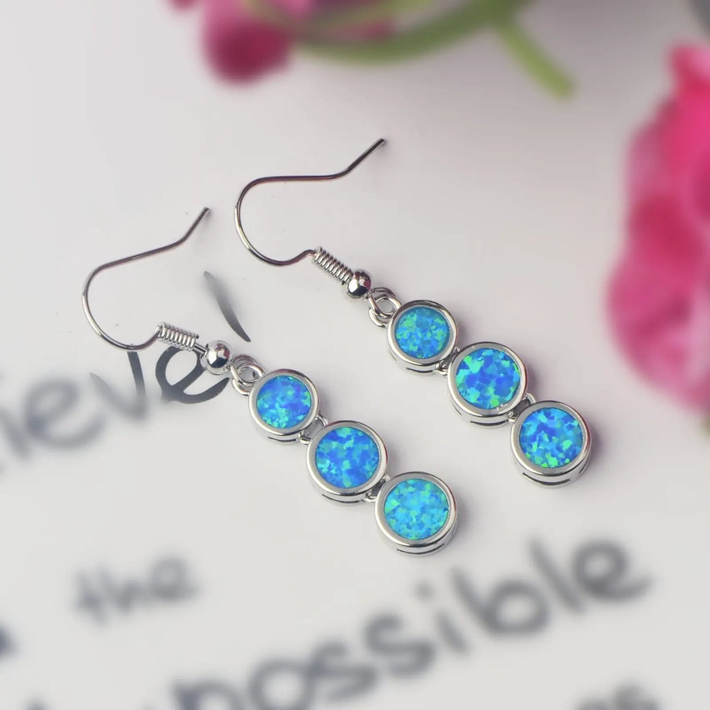 Dainty Layered Blue Opal Earrings - Handcrafted Silver Plated Long Circle Dangle Jewelry Bulk