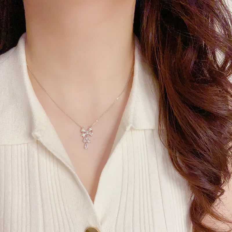 Luxurious Fashion Bow Knot Necklace and Earrings Set with Zircon Classic Real Gold Plated Jewelry Set for Women