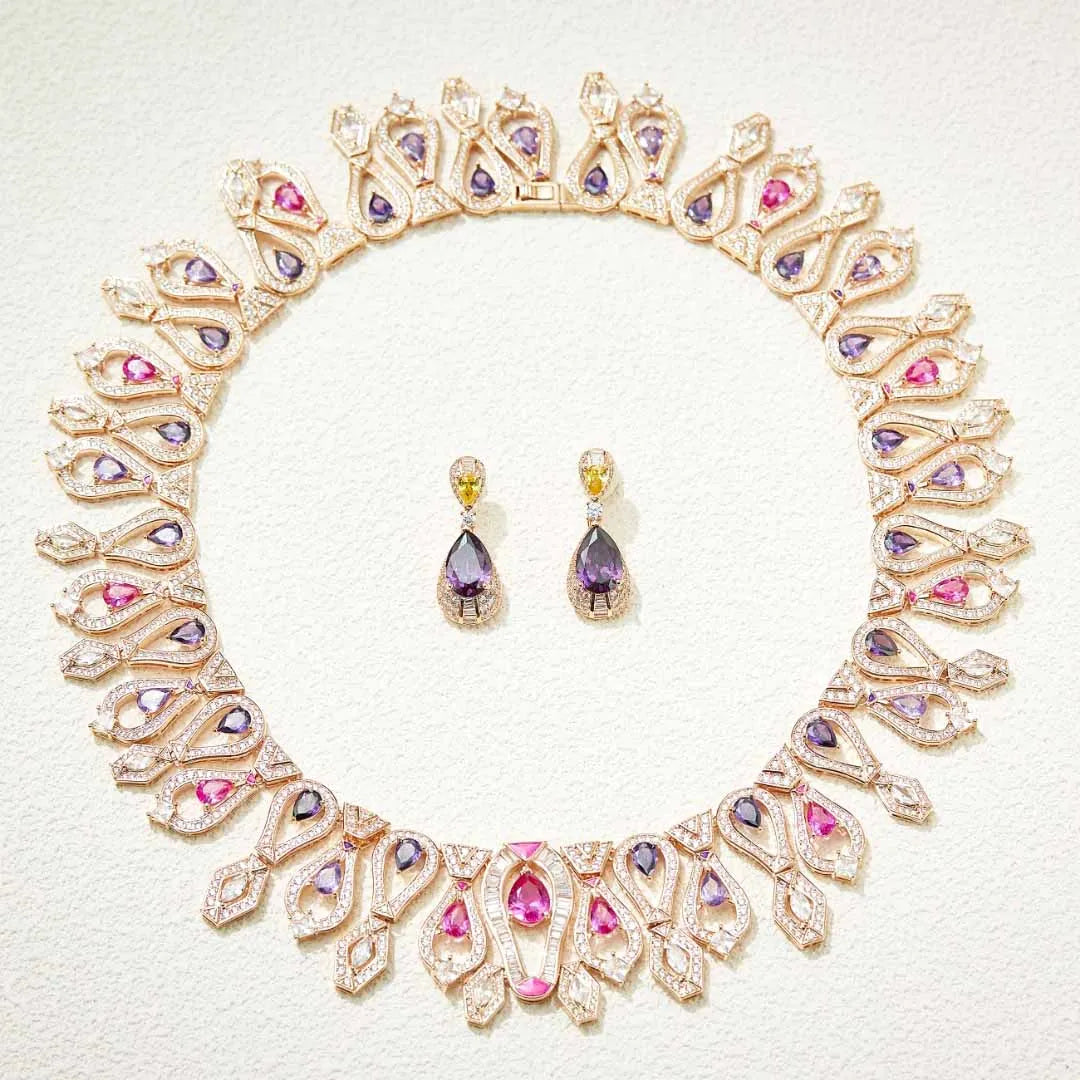 Trendy Wedding Jewelry Luxury Nigerian Wedding Bride Cubic Zirconia Chocker Necklace Dubai Gold Jewelry Set