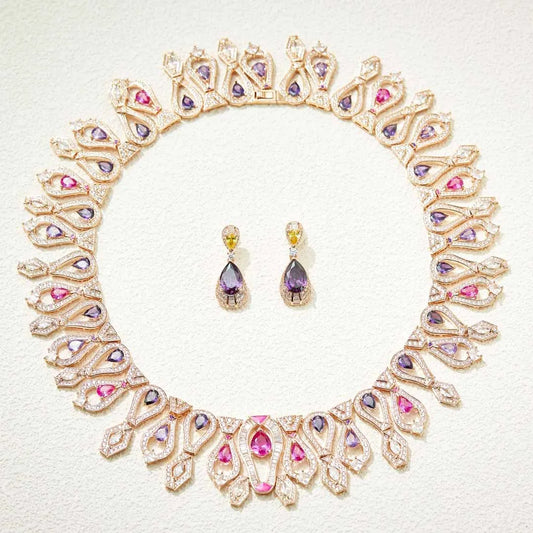 Trendy Wedding Jewelry Luxury Nigerian Wedding Bride Cubic Zirconia Chocker Necklace Dubai Gold Jewelry Set