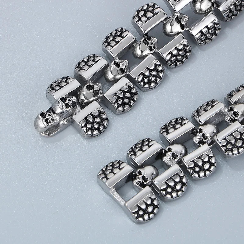 KALEN 220mm Men Punk Flexible Stainless Steel Skull Charm Links Bracelet