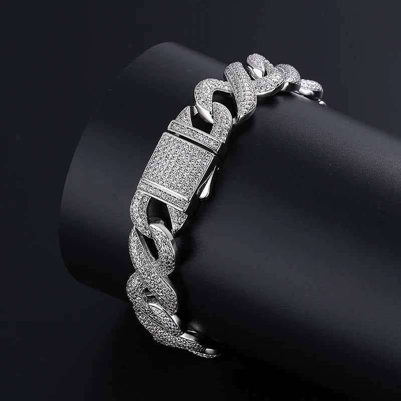 Luxury Men's Hip Hop Jewelry Set Cuban Chain Link Ice Out Diamond Bracelet Silver Plated Brass Zircon Copper Geometric 100-22