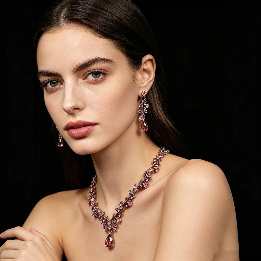 XM S390 Gold Plated Marquise Topaz Leaf & Gem Drop Collarbone Necklace & Earrings Set