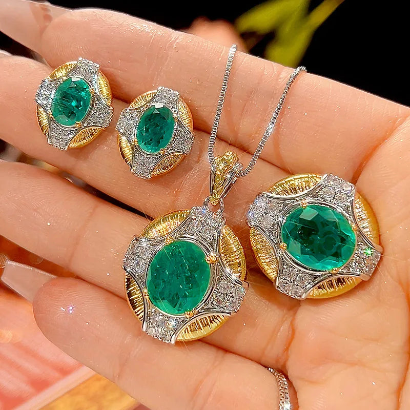 REDheart Trendy Copper Inlaid Zircon Plated Two-Color Open-Opening Movable Flower Ring Simulation Emerald Palace Style Niche Set